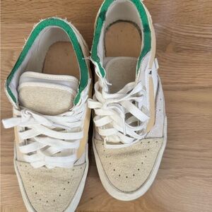 White and Tan Sneakers with Green Accents
